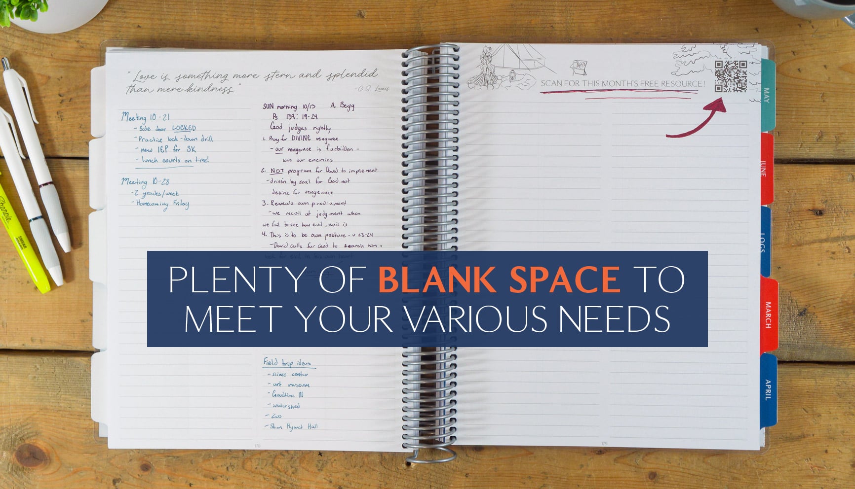 Plenty of blank space to meet your various needs in this Christian teacher planner